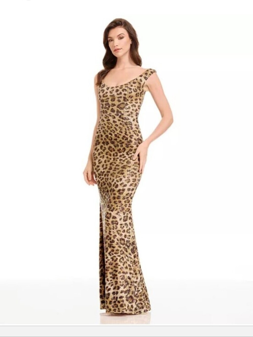NWT Dress the Population Leopard Sequin Maxi Gown Medium Animal Print Formal